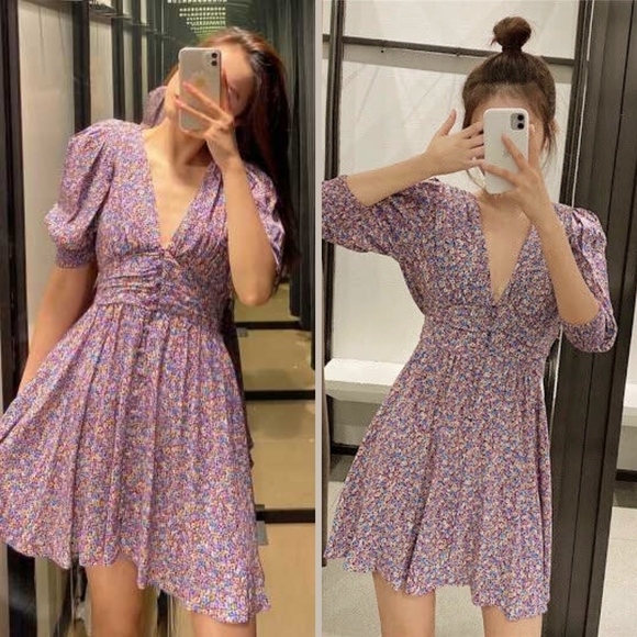 Zara Purple Blue Yellow Floral Puff Smocked Sleeve Sundress Mini, Deep Vneck, S - Picture 15 of 16